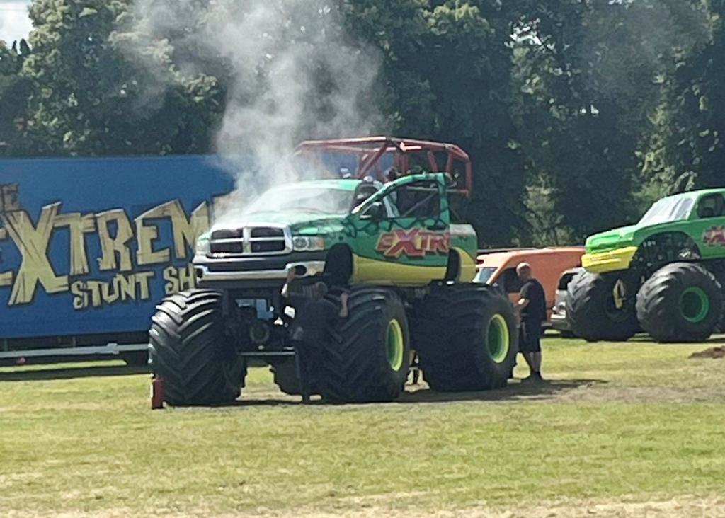 Monster truck with smoke rising from under the bonnet at the disappointing Monster Truck Mayhem event