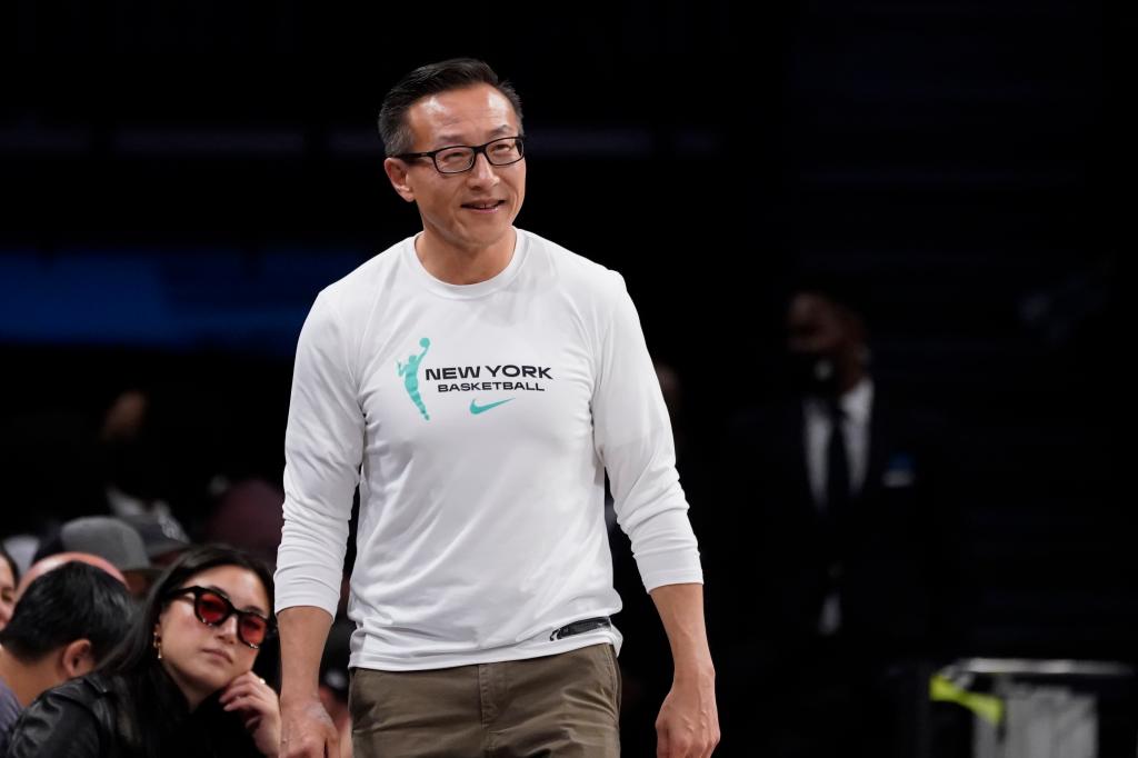 Nets owner Joe Tsai looks on during the second half of an NBA basketball game against the Detroit Pistons, Sunday, Oct. 31, 2021