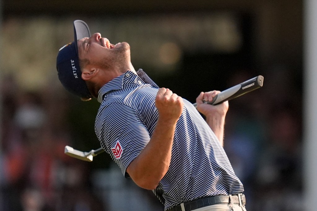 Bryson DeChambeau celebrating after winning the U.S. Open golf tournament in Pinehurst, N.C., on June 16, 2024.
