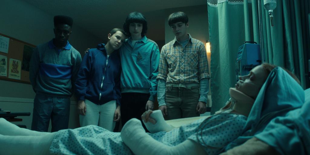 Caleb McLaughlin as Lucas Sinclair, Millie Bobby Brown as Eleven, Finn Wolfhard as Mike Wheeler, Noah Schnapp as Will Byers, and Sadie Sink as Max. 