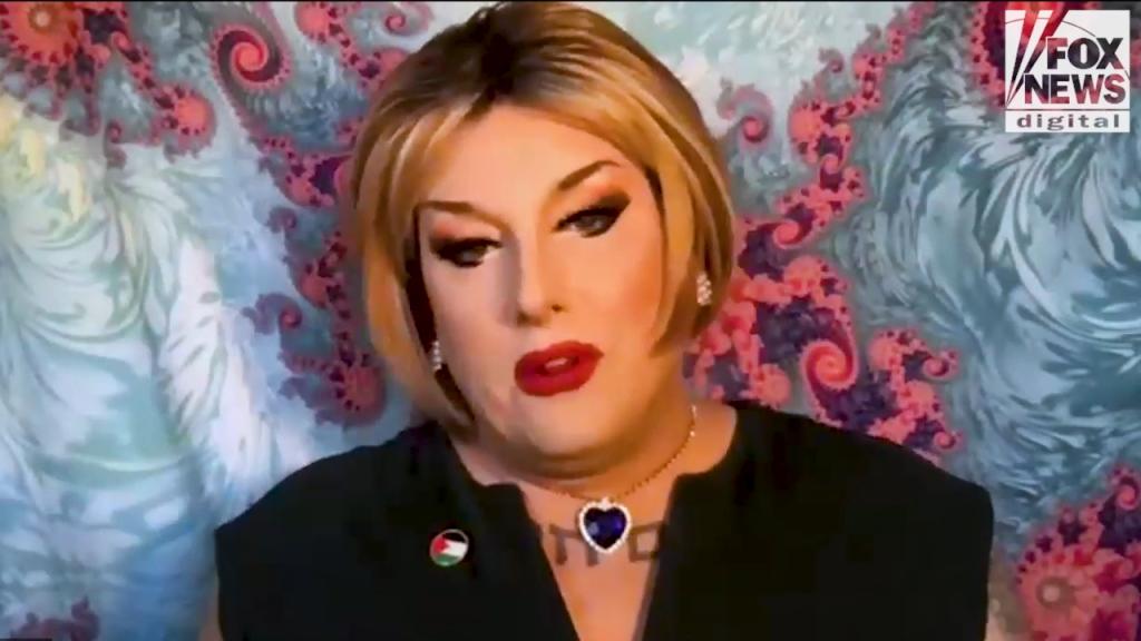 California local official and drag queen Maebe A. Girl discussing her work to remove discriminatory traffic signs in Silver Lake during a Fox News Digital interview