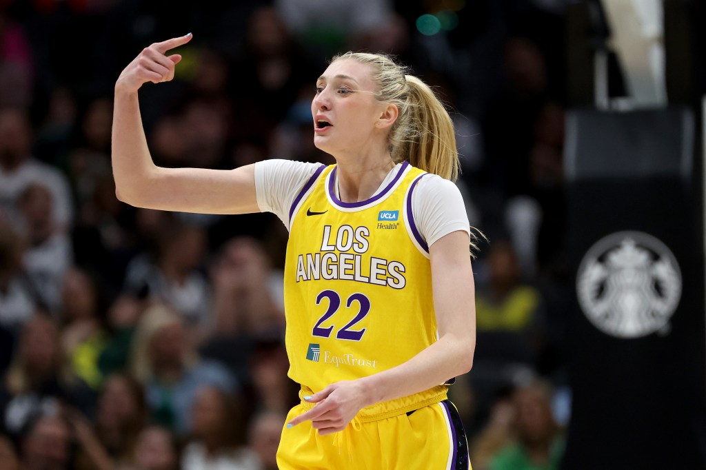 Cameron Brink #22 of the Los Angeles Sparks reacts during the second quarter against the Seattle Storm at Climate Pledge Arena on June 11, 2024 in Seattle, Washington.
