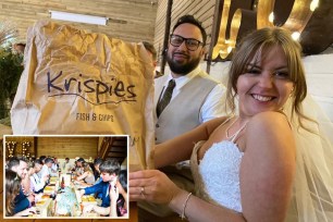 bride and groom with food in a brown paper bag and wedding guests eating
