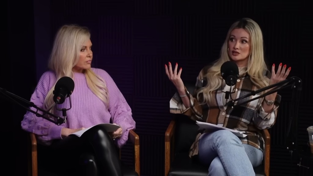 Bridget Marquardt and Holly Madison sitting in chairs, recording a podcast episode, discussing Crystal's relationship with Hugh Hefner