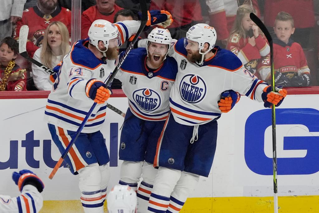 Edmonton Oilers center Connor McDavid celebrating his goal during the third period of Game 5 of the NHL Stanley Cup Finals against the Florida Panthers