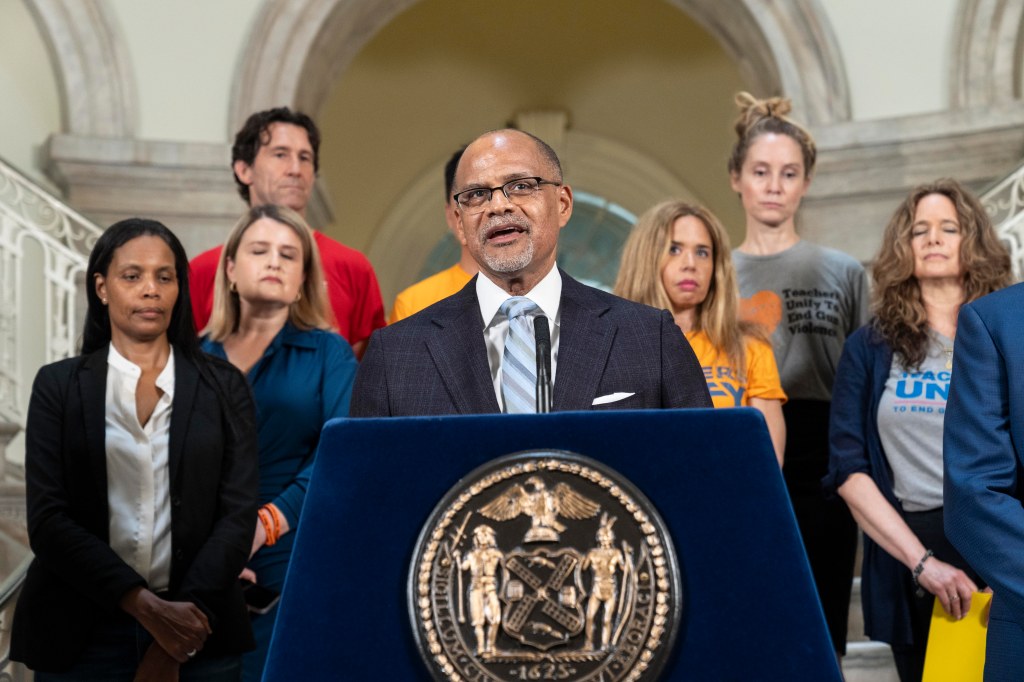 Chancellor David Banks, New York City Public Schools speaks during press conference on the announcement regarding the safe storage of firearms at City Hall in New York on June 6, 2024.