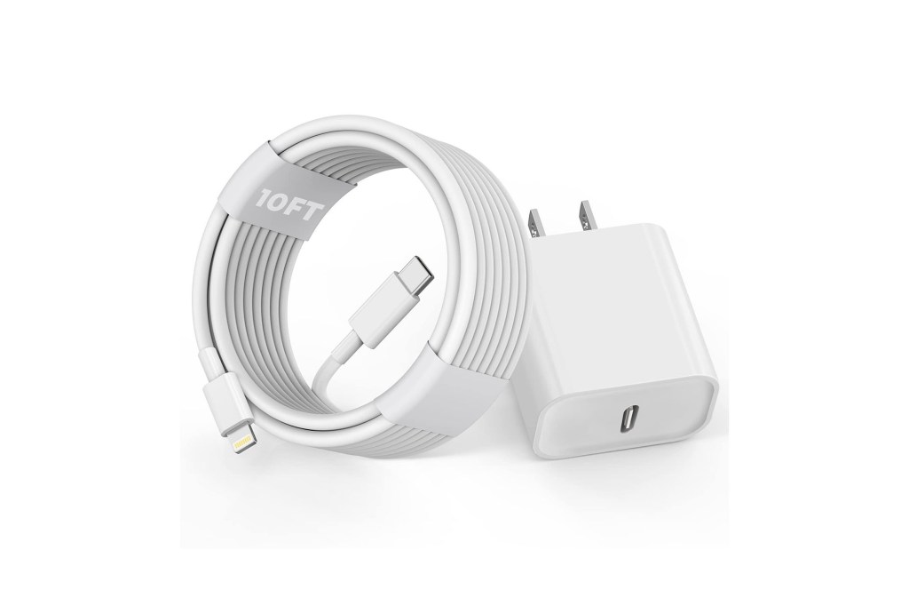 A white cable with a charger