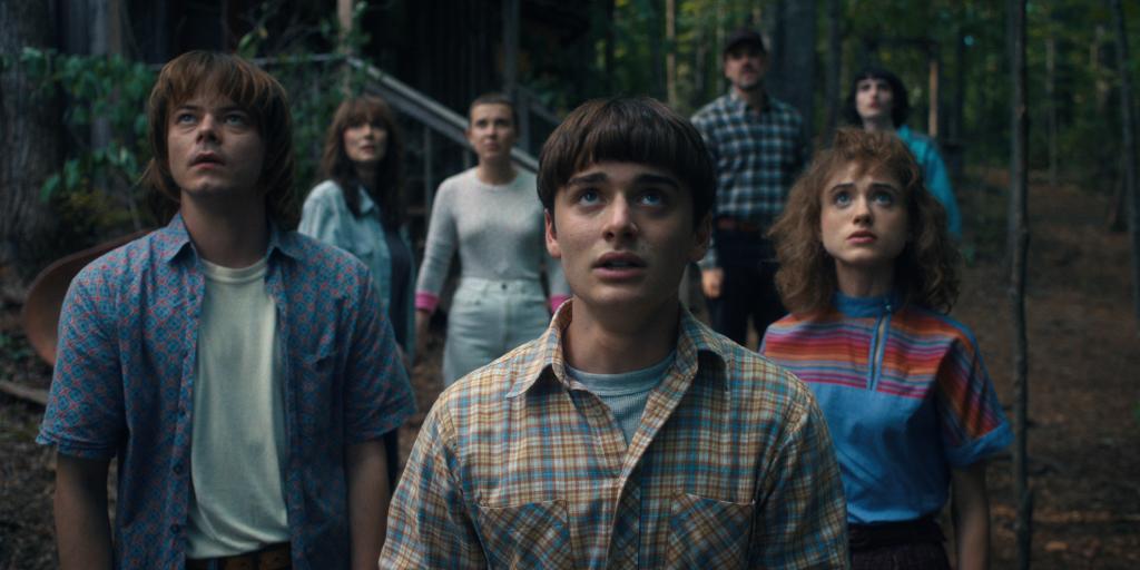 Charlie Heaton as Jonathan Byers, Winona Ryder as Joyce Byers, Millie Bobby Brown as Eleven, Noah Schnapp as Will Byers, David Harbour as Jim Hopper, Natalia Dyer as Nancy Wheeler, and Finn Wolfhard as Mike Wheeler in "Stranger Things." 