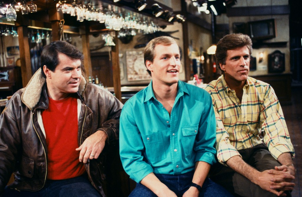 Robert Urich, Woody Harrelson, and Ted Danson in "Cheers"