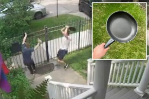 chasing burglar with frying pan