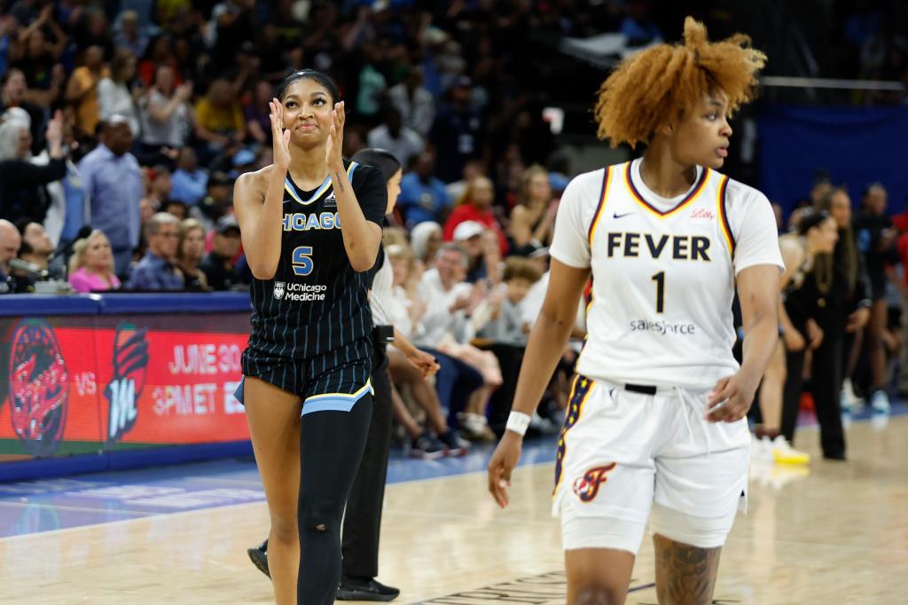 Angel Reese (5) reacts during the Sky's win over the Fever on June 23, 2024.