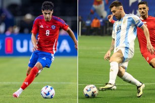 A collage of football players in a match between Chile and Argentina