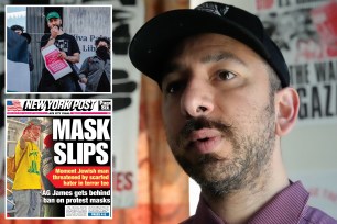 composite image: upper left, husary at a protest wearing a green baseball cap, black t-shirt, and a white poster with a large red center; lower left, the post's front page of husary, masked and in a yellow shirt, on the nyc subway with the headlines "mask slips"; left, christopher husary in his room wearing a dark baseball cap and with mustache and bit of a beard