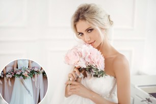 Grace Van Dien dressed as a gorgeous bride in a white wedding dress, holding a bouquet of flowers in a white room