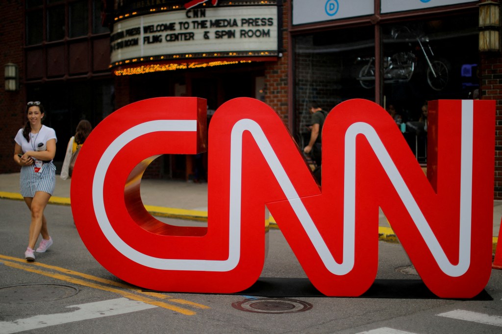  CNN logo stands outside the venue of the second Democratic 2020 U.S. presidential candidates debate