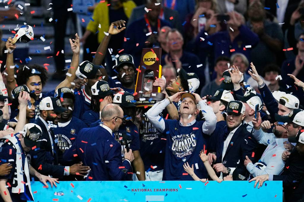 Connecticut Huskies head coach Dan Hurley celebrates after defeating the Purdue Boilermakers in the national championship game of the Final Four of the 2024 NCAA Tournament at State Farm Stadium in Glendale on April 8, 2024.
