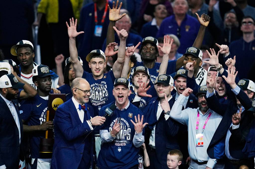 Connecticut Huskies head coach Dan Hurley celebrates after defeating the Purdue Boilermakers in the national championship game of the Final Four of the 2024 NCAA Tournament at State Farm Stadium in Glendale on April 8, 2024.
