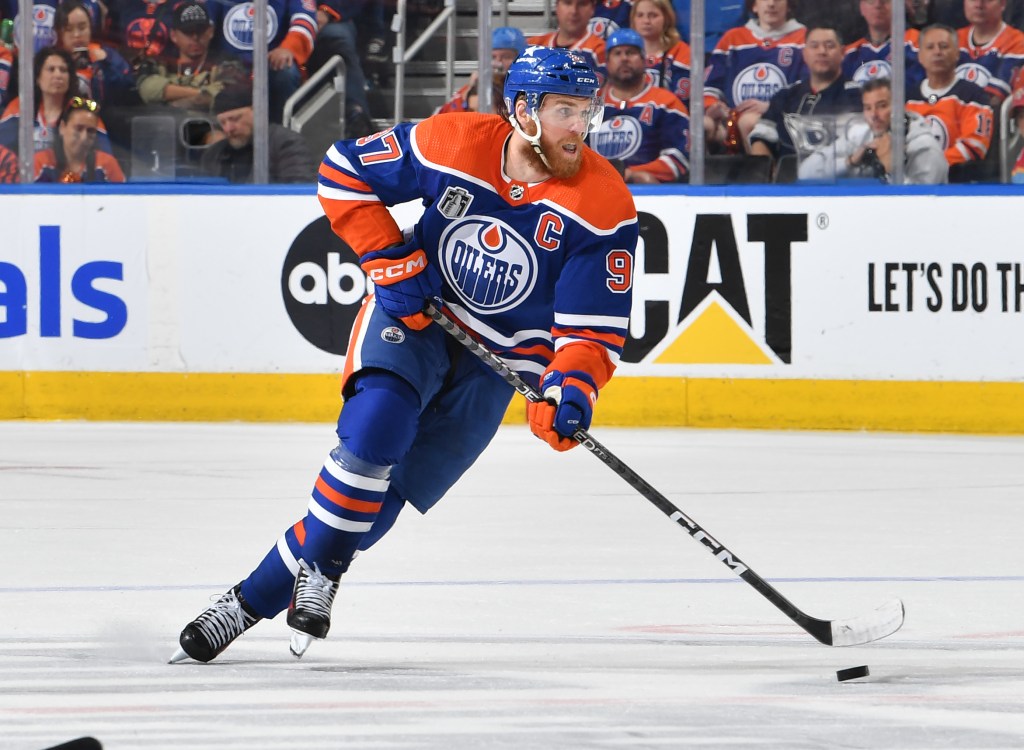 Connor McDavid #97 of the Edmonton Oilers skates against the Florida Panthers in Game Three of the 2024 Stanley Cup Final at Rogers Place on June 13, 2024, in Edmonton, Alberta, Canada.