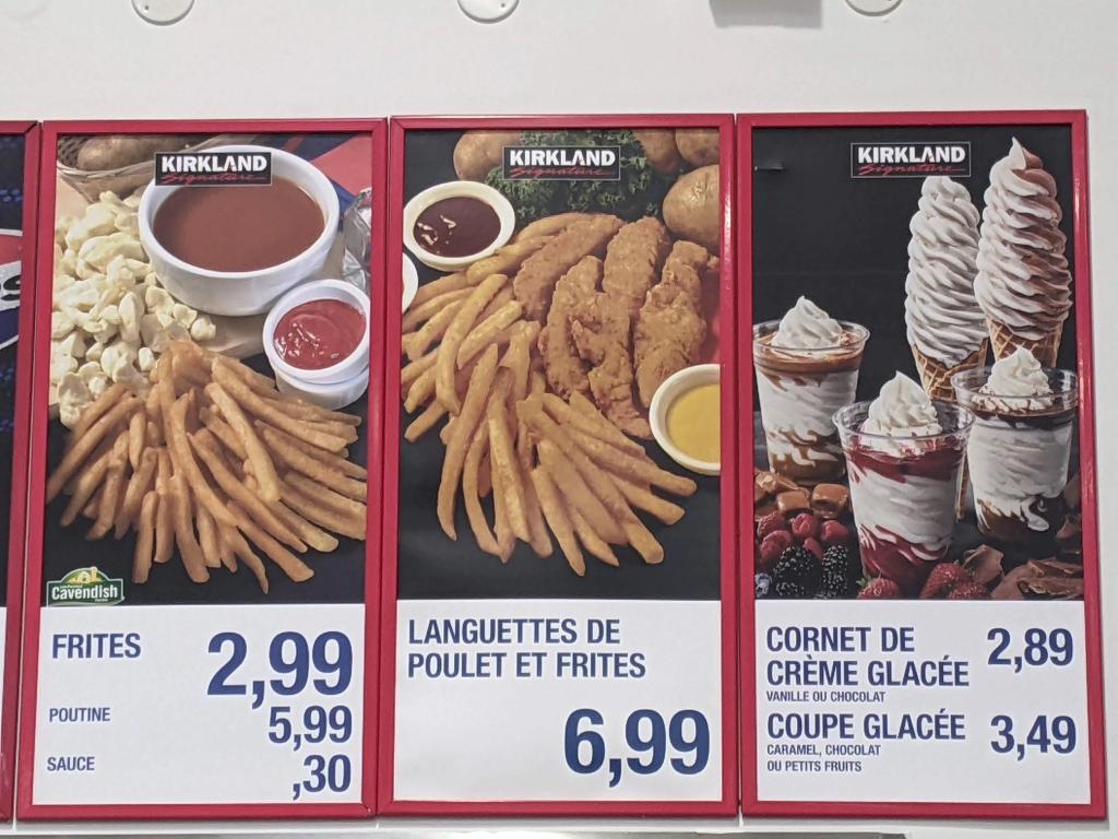 A Reddit user shared a post from a food court menu inside one of Costco's Canadian locations, showing that a chicken strips and fries combo costs only C$6,99 — about $5.08.