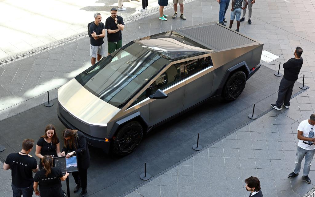 The Cybertruck vehicle by Tesla is presented at the Mall of Berlin in 2024.