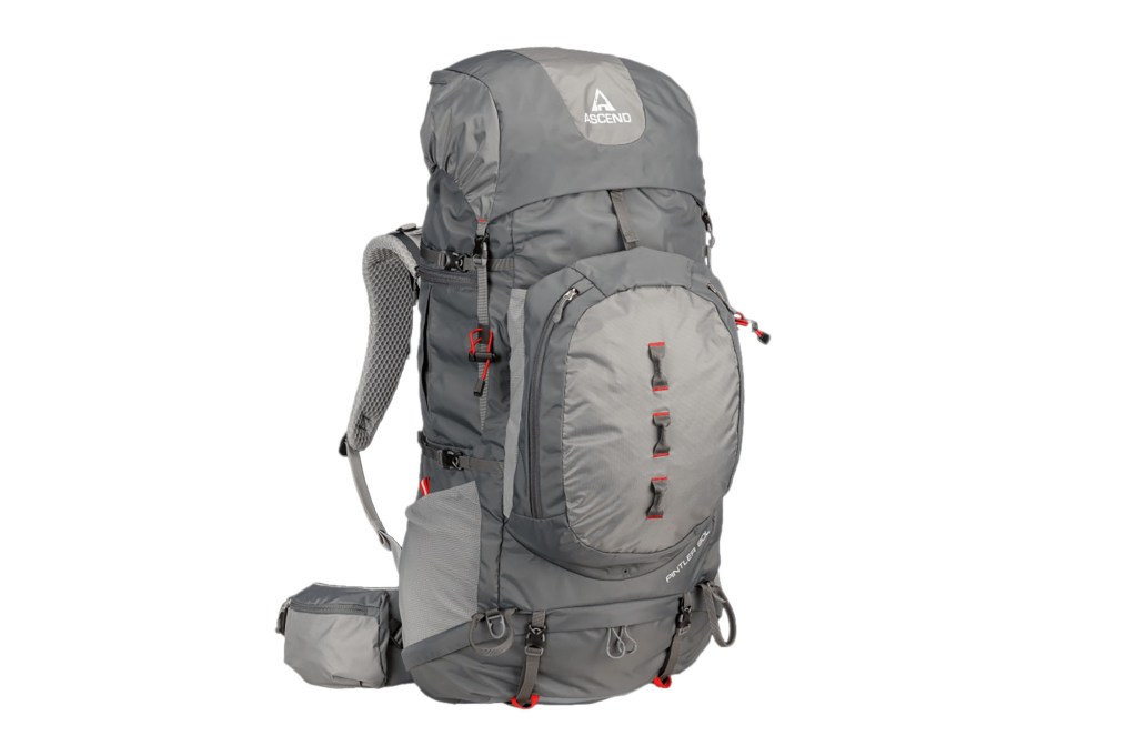 A grey backpack with red accents