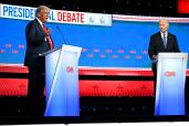 US President Joe Biden and former US President and Republican presidential candidate Donald Trump participate in the first presidential debate of the 2024 elections at CNN's studios in Atlanta, Georgia, on June 27, 2024.