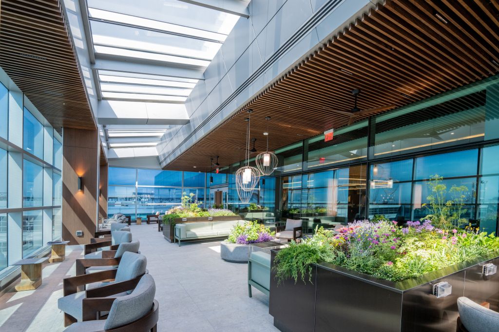 Travelers can unwind at the terrace which overlooks the airfield at JFK International Airport in New York.