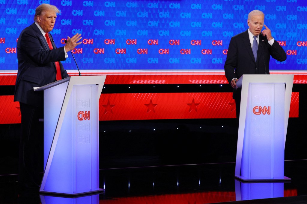 US President Joe Biden and former US President and Republican presidential candidate Donald Trump participate in the first presidential debate of the 2024 elections at CNN's studios in Atlanta, Georgia, on June 27, 2024.