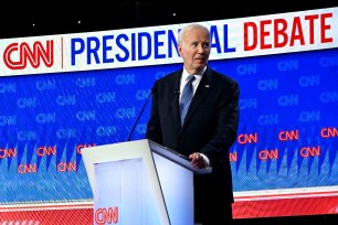 President Biden looks on as he participates in the first presidential debate of the 2024 elections with Republican presidential candidate Donald Trump on June 27, 2024.