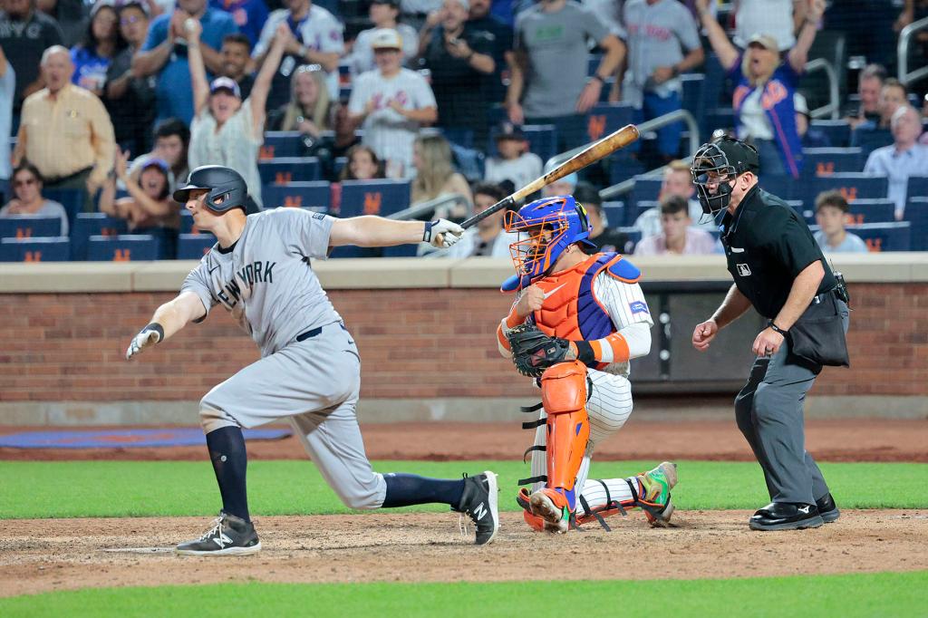 New York Yankees third baseman DJ LeMahieu #26 strikes out swinging to end the 9th inning. The New York Mets defeat the New York Yankees 9-7.