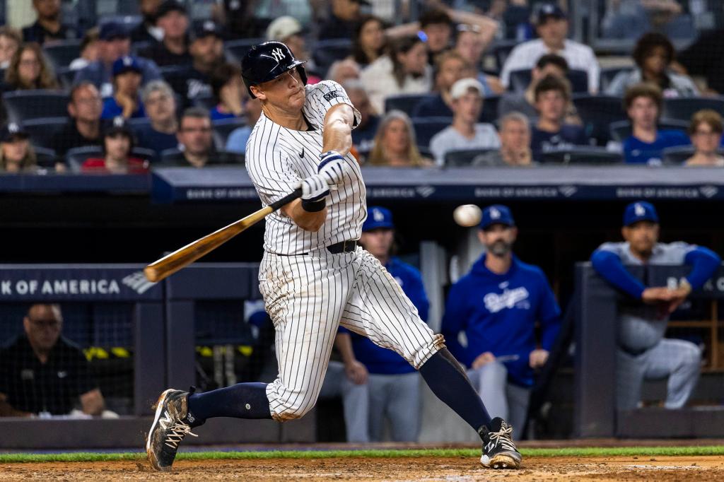 New York Yankees third base DJ LeMahieu (26) hits a single during the 6th inning at Yankee Stadium Saturday, June 8, 2024, in Bronx, New York. 