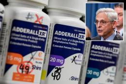 Attorney General Merrick Garland and Adderall bottles