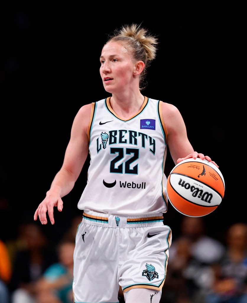Liberty guard Courtney Vandersloot (22) dribbles the ball against the Chicago Sky during the second half at the Barclays Center.