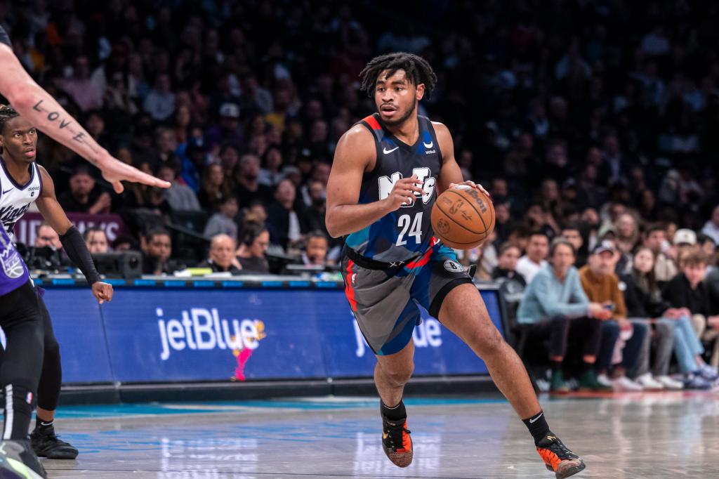 Nets guard Cam Thomas (24) drives up court during the first half against the Sacramento Kings at Barclays Center.