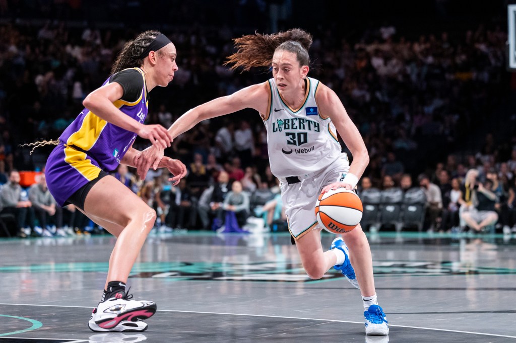 Liberty forward Breanna Stewart (30) drives past Los Angeles Sparks forward Dearica Hamby (5) in the first half at Barclays Center.