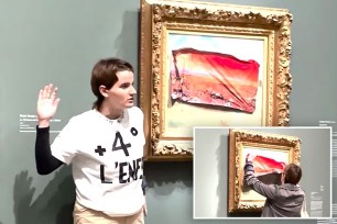 Climate activist in front of Monet painting she stuck a protest sticker over. She is seen wearing t-shirt with 4 degree warming slogan, and raising right hand; inset of her tacking the sticker on to the painting, bottom right