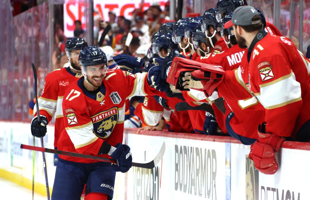 Evan Rodrigues (17) celebrates after a goal against the Oilers on June 18, 2024.