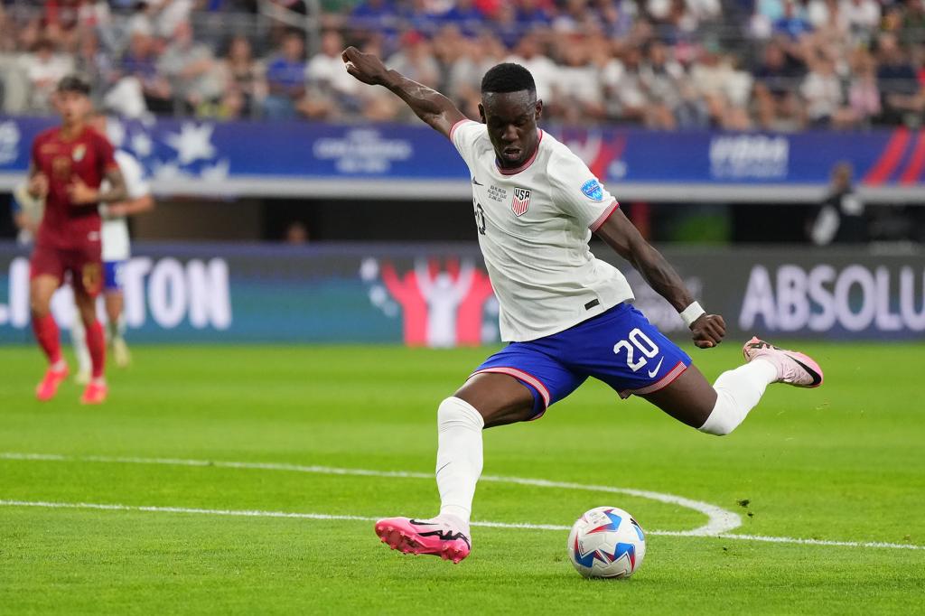 Folarin Balogun of United States scores the team's second goal during the CONMEBOL Copa America 2024 Group C match between United States and Bolivia at AT&T Stadium on June 23, 2024 in Arlington, Texas.