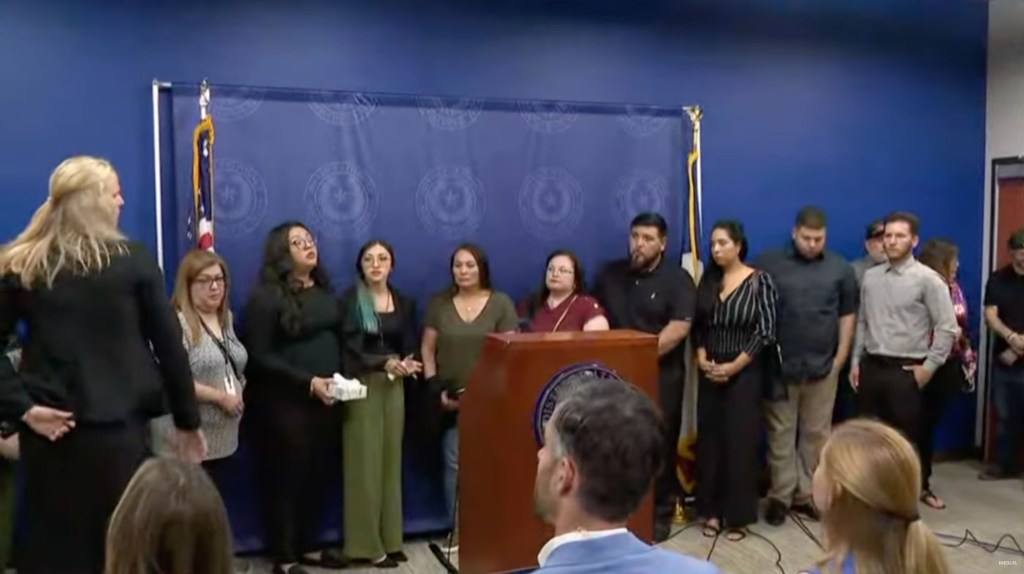 Jocelyn Nungaray's family and the Harris County District Attorney's Office speaking at a podium outside the courthouse, featuring Alexis Nungaray and Sarah Hoffman