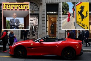 Ferrari car, CEO Benedetto Vigna, and logo