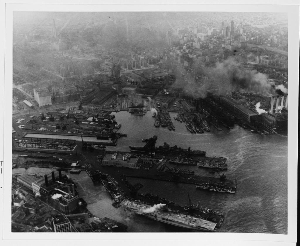 Aerial shot of Brooklyn Navy Yards in 1944.