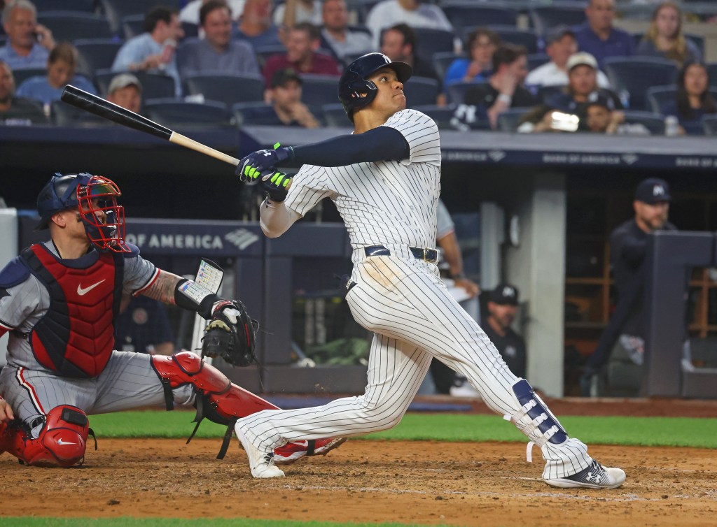 Yankees outfielder Juan Soto (22)  flied out to shallow left during the fourth inning when the New York Yankees played the Minnesota Twins.