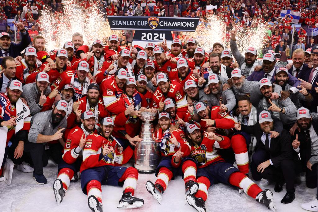 The Florida Panthers hockey team celebrating their Stanley Cup win against the Edmonton Oilers at Amerant Bank Arena