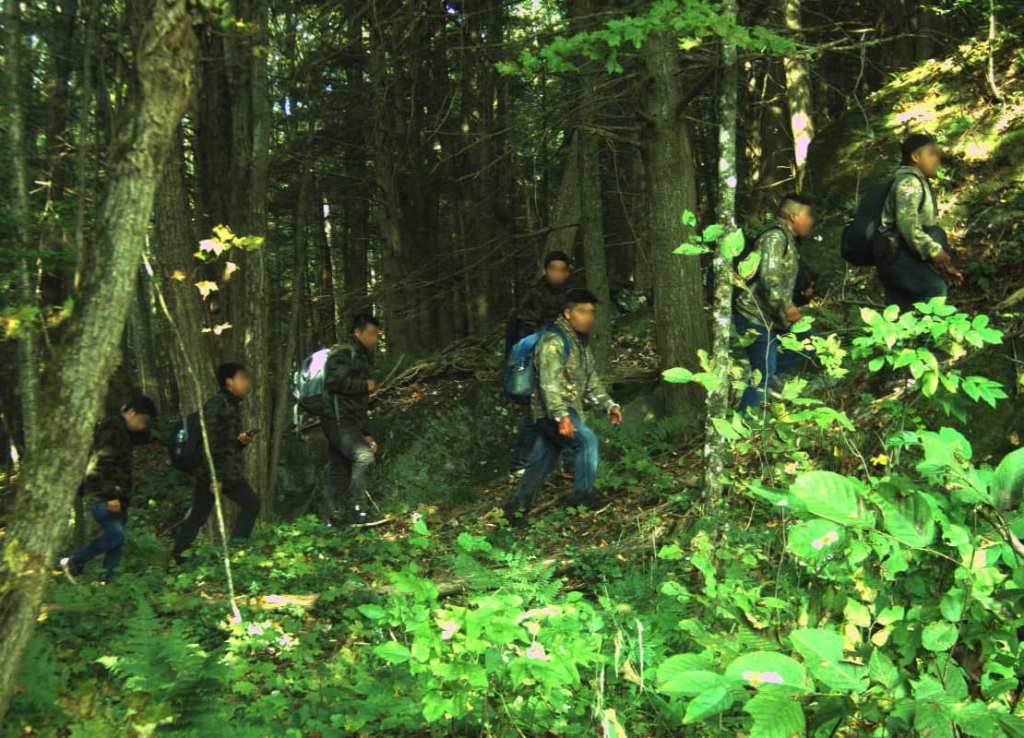 A group of foreign nationals illegally entering the U.S. from Canada through a woodland area