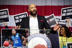 Former basketball player Royce White takes the stage at the Minnesota Republican Party convention at St. Paul's RiverCentre after winning the GOP endorsement to challenge Democratic incumbent Amy Klobuchar for her U.S. Senate seat, Saturday, May 18, 2024 St. Paul, Minnesota