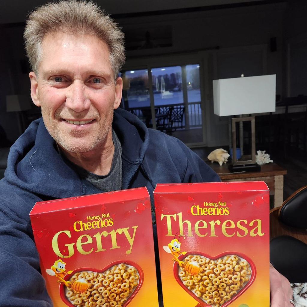 Former Golden Bachelor Gerry Turner pictured with Cheerios in his name and his ex Theresa.