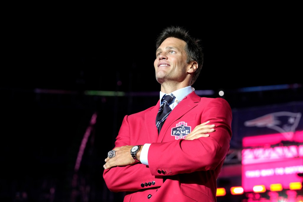 Former Patriots quarterback Tom Brady looks into the crowd at the conclusion of Patriots Hall of Fame induction ceremonies for Brady at Gillette Stadium, Wednesday, June 12, 2024.