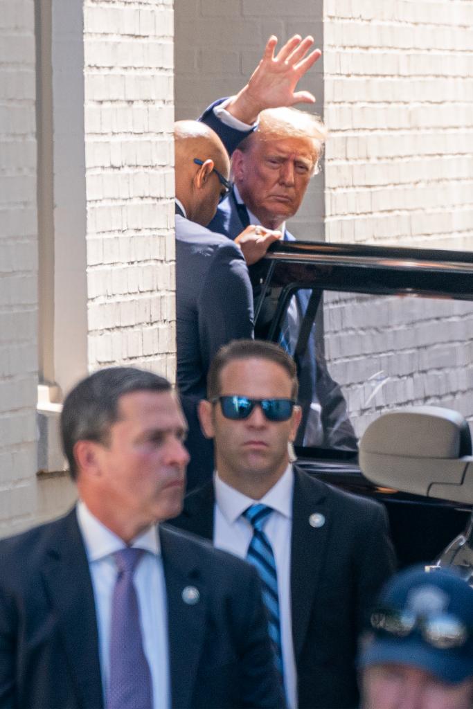 Former U.S. President Donald Trump departs after delivering remarks at a House Republicans Conference meeting at the Capitol Hill Club on June 13, 2024 in Washington, DC.