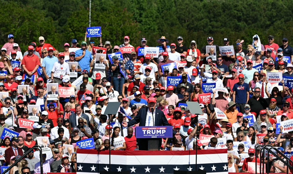 Former US President and Republican presidential candidate Donald Trump speaks during a campaign rally at the Historic Greenbrier Farms in Chesapeake, Virginia, on July 28, 2024.