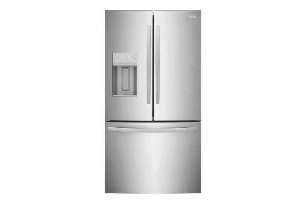 A silver refrigerator with two doors
